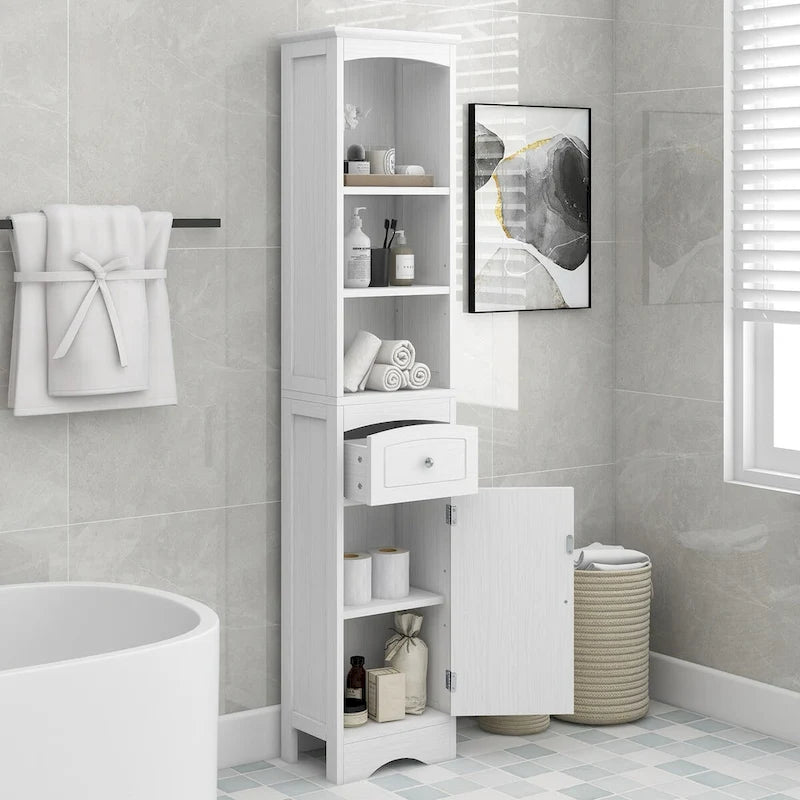 Tall Freestanding Bathroom Storage Cabinet with Drawer and Shelves