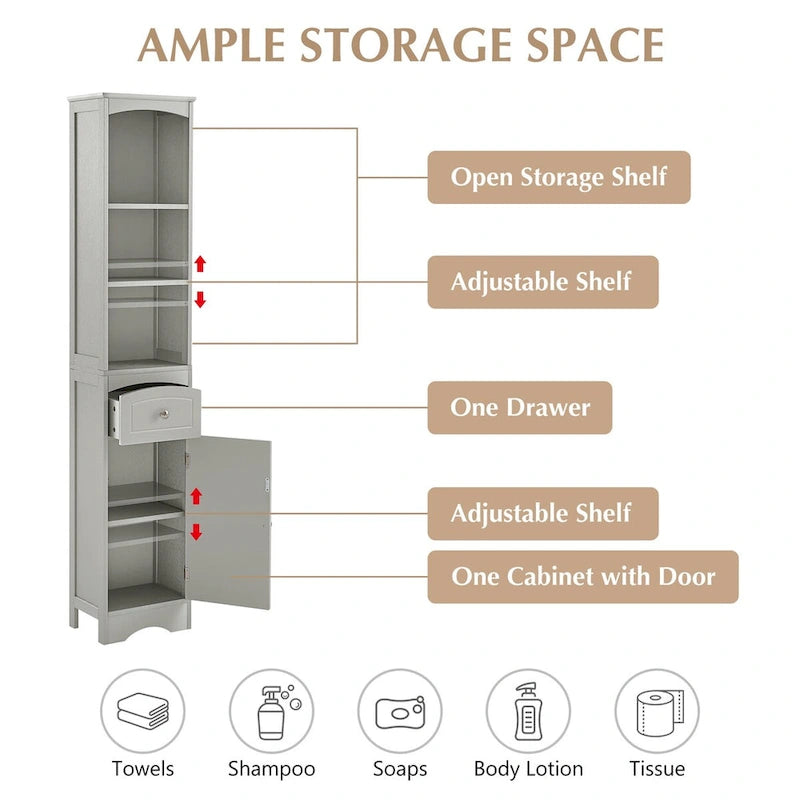 Tall Freestanding Bathroom Storage Cabinet with Drawer and Shelves