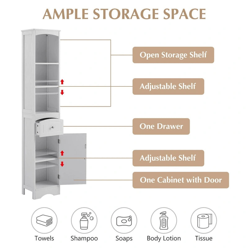 Tall Freestanding Bathroom Storage Cabinet with Drawer and Shelves